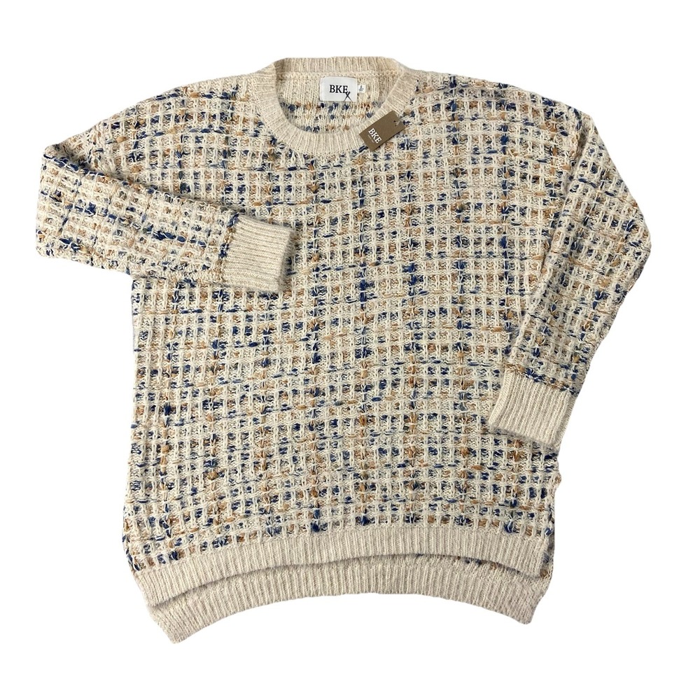 NWT Buckle BKE Long Sleeve Crewneck Tunic Sweater Cream Multi Tweed Women's S